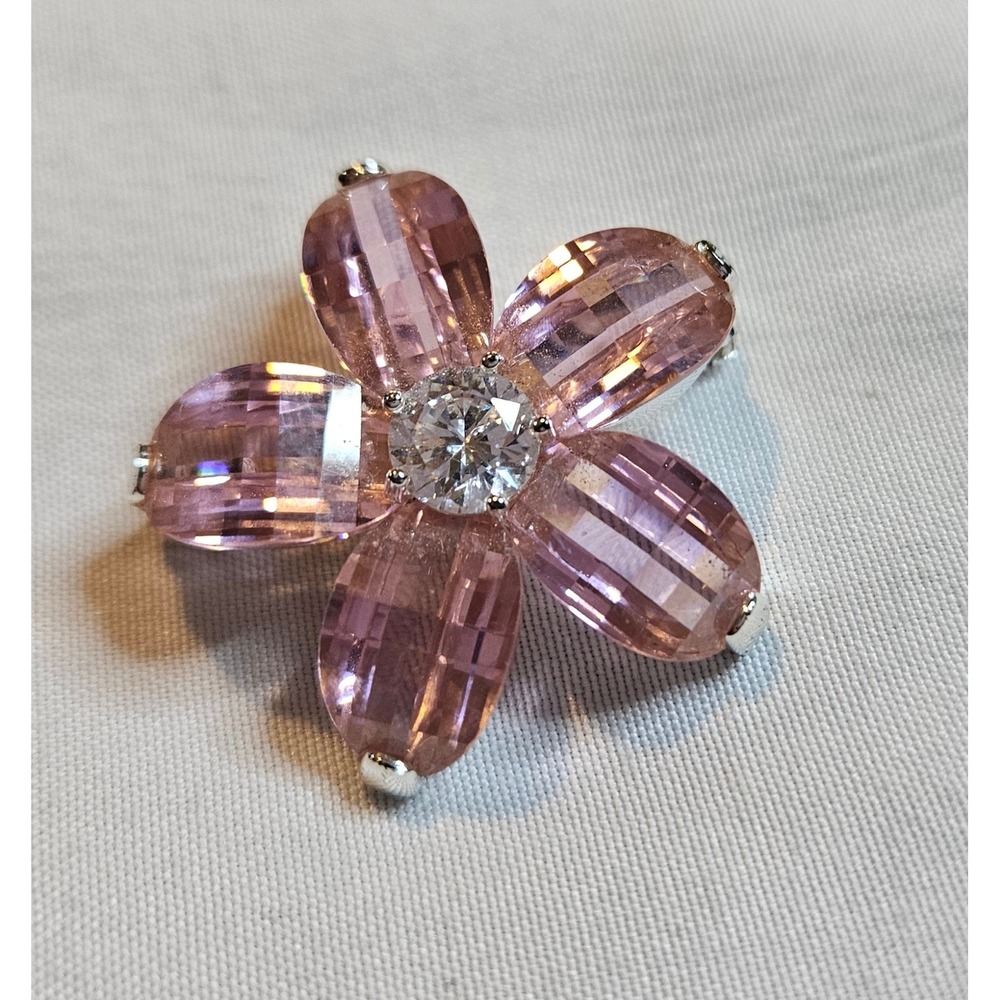 Pink Crystal Flower Brooch Silver Tone Floral Pin Clear Center Stone 1 Inch